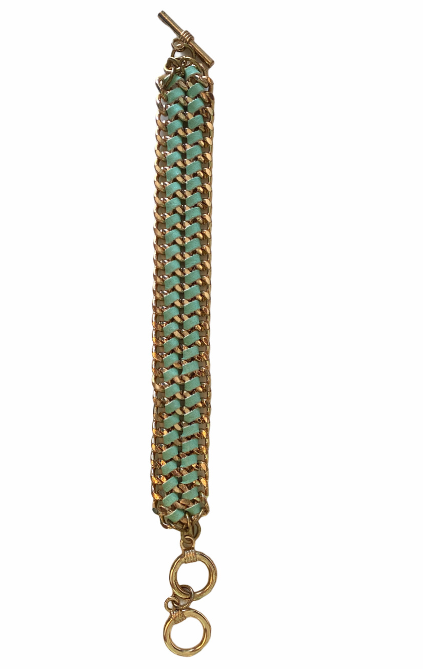 Woven Chain Bracelet Green Cording Goldtone 7.5"-8.5"